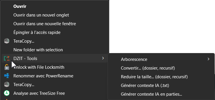 Menu contextuel de l'explorateur Windows avec l'entrée DZIT - Tools déroulée, montrant les actions Arborescence, Convertir (dossier, récursif), Réduire la taille (dossier, récursif) et Générer contexte IA