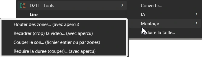 Détail du sous-menu Montage sur une vidéo : Flouter des zones, Recadrer (crop), Couper le son et Réduire la durée, chacun avec aperçu